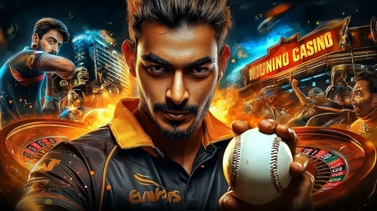 bb33 গেমিং প্ল্যাটফর্মের উজ্জ্বল নিওন-আলোর পরিবেশ ও স্পোর্টস স্টেডিয়ামের সঙ্গে মেলানো একটি সমন্বিত ছবিতে একজন তীব্র ক্রিকেট খেলোয়াড় ক্রিকেট বলটি হাতে ধরেছেন।