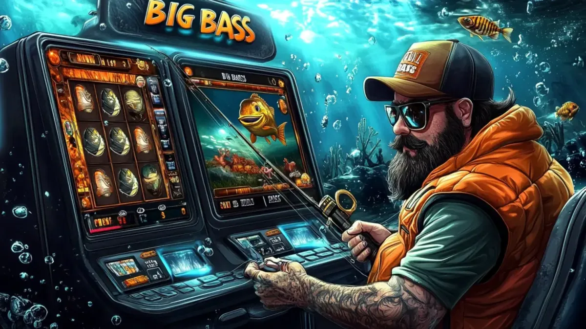 bb33-এ সানগ্লাস পরা একজন দাড়িওয়ালা মৎস্যজীবী Big Bass গেমটি খেলছেন। মেশিনটির স্ক্রিনে জলের নিচে অবস্থানরত একটি পরিবেশে গেমটির মৎস্য-থিম দেখা যাচ্ছে।
