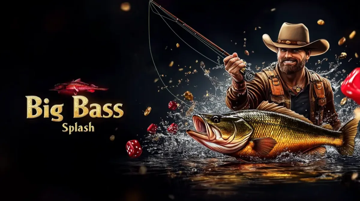 bb33-এ উপলব্ধ Big Bass Splash গেমটির এই প্রচারণায় একজন খুশি মৎস্যজীবী, কৌবয় হ্যাট পরা, একটি বড় bass মাছ ধরেন।