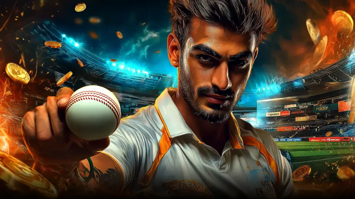 bb33-এ cricket-গেমিংয়ের উত্তেজনাপূর্ণ জগত প্রচারের জন্য একটি মনোযোগী ও তীব্রদৃষ্টিসম্পন্ন পুরুষ ক্রিকেটার ভিড়ভরা স্টেডিয়ামে বলটি উঁচিয়ে ধরেছেন। গোল্ড কয়েন ও আগুন-প্রভাব নাটকীয়তা বাড়ায়।